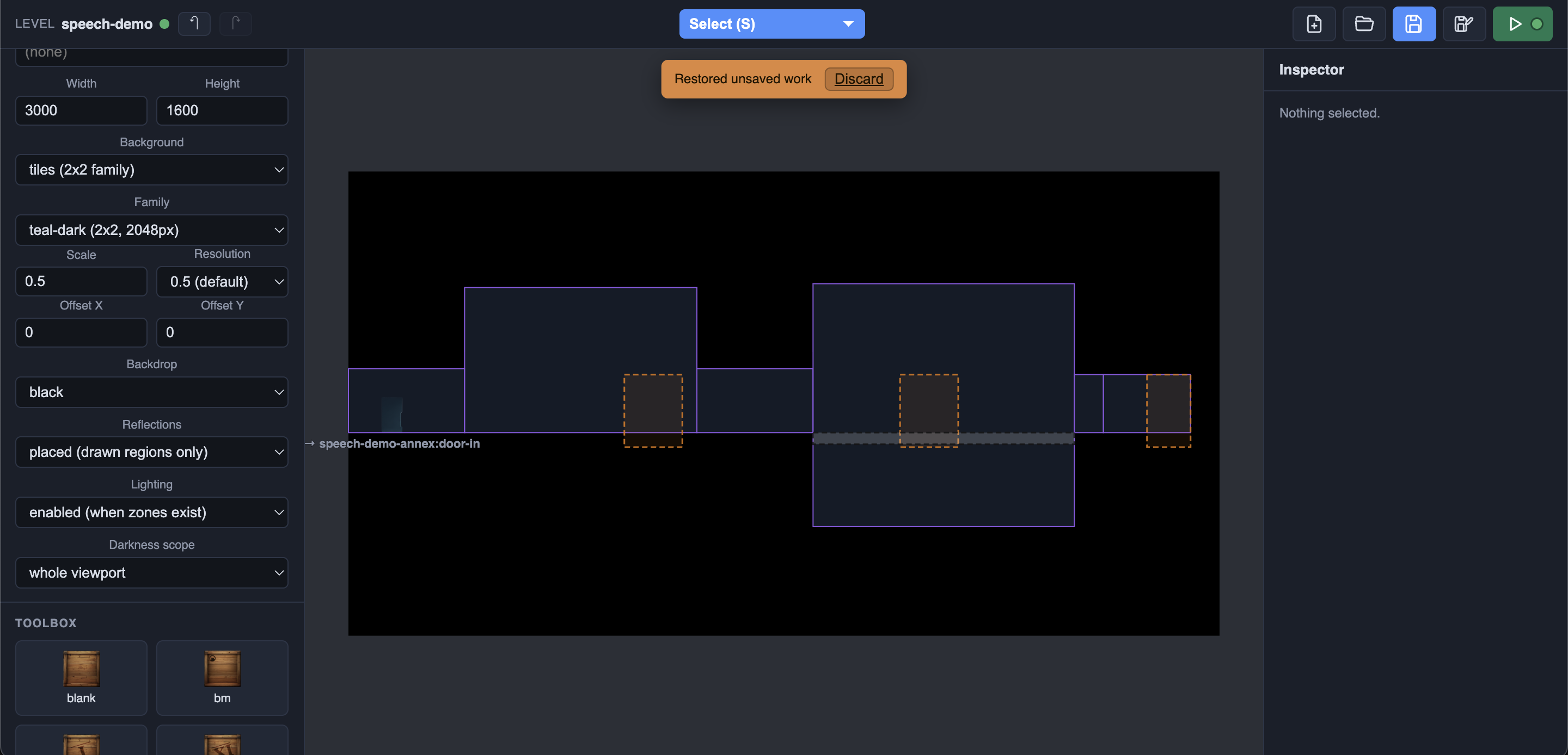 The speech-demo level open in the EXIT level editor