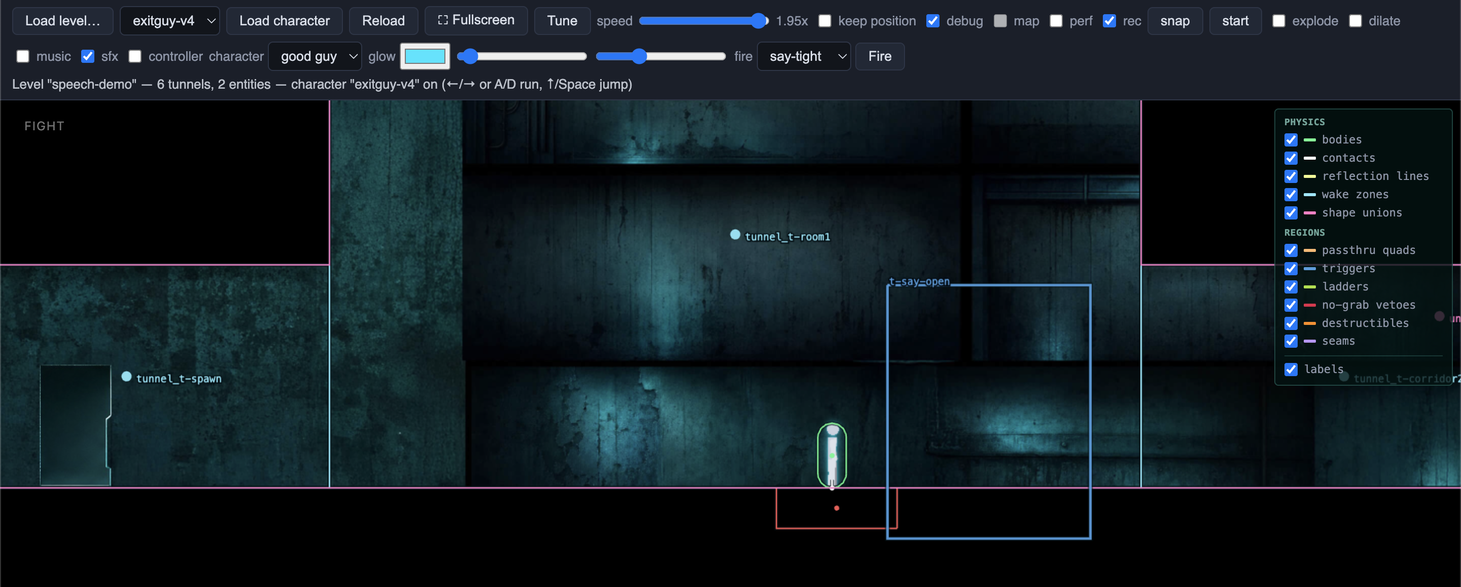 Debug overlay showing trigger regions and level seams around the character